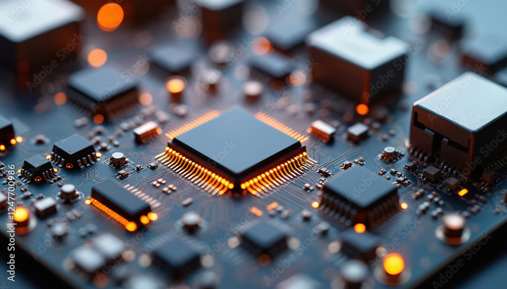 Poster close-up view of intricate microchip, wireless circuit components. modern tech design elements illum