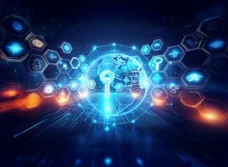 Obraz premium A digital world with a key securing global networks is depicted. Hexagonal icons represent various tech functions in a glowing blue and orange futuristic scene.