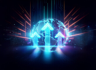 A digital globe with bright upward arrows signifies global growth and technological advancement in a futuristic, interconnected network design.