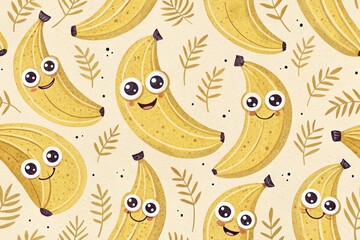 Playful bananas with cute smiley faces and leafy background