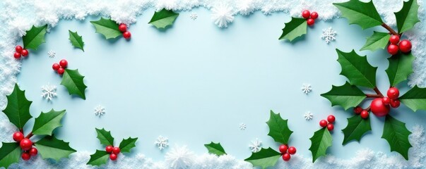 Fototapeta premium Delicate holly leaves scattered on a snowy surface with intricate paper cutouts of Christmas bells, decorations, winter