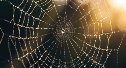 Close-up of dew-covered spiderweb glowing in sunrise light