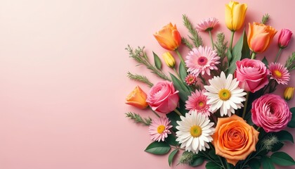 Elegant bouquet of mixed garden flowers including roses daisies, tulips arranged on light pink background. Vibrant colors create cheerful, welcoming display perfect for various uses. Ample space