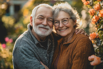 Older couple embracing each other in front of a lush green bush during a sunny day in a garden setting
