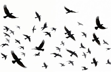 Flock of black birds soars across sky. Birds fly freely. Silhouette birds against transparent background. Natural scene. Wildlife image. Aerial view of birds in motion. Birds flying in formation.