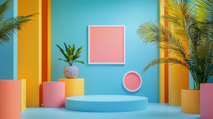 Vibrant Colorful Studio with Plants and Empty Frames for Art Display