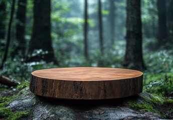 Rustic Tree Stump Surrounded by Lush Forest Atmosphere in Mist