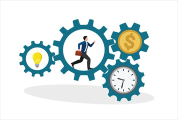 Businessman running with full effort inside gear cogs to spin time and money gears. Effort and time to make money, success long term investment, deadline effect to make people finish work concept.