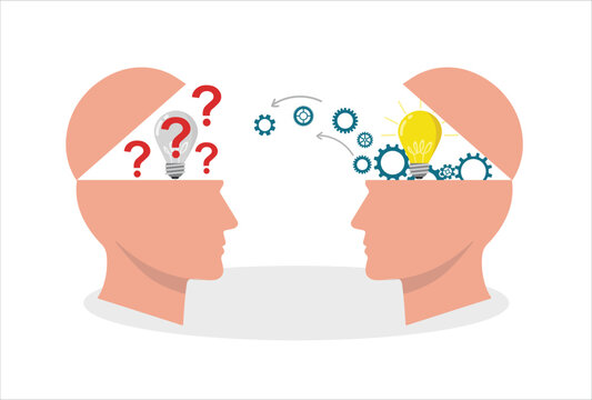 Knowledge or ideas sharing bulb light between two people head, transferring knowledge, mental innovation, brain storming concept