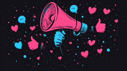 Vibrant Megaphone Design with Social Media Symbols and Icons