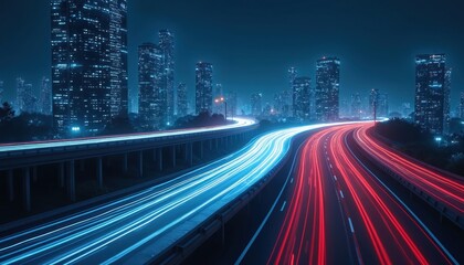 Futuristic city highway at night. Light trails from cars create vibrant blue, red streaks. Modern skyscrapers line highway. Dynamic tech urban scene. Rapid movement, connectivity visualized. High