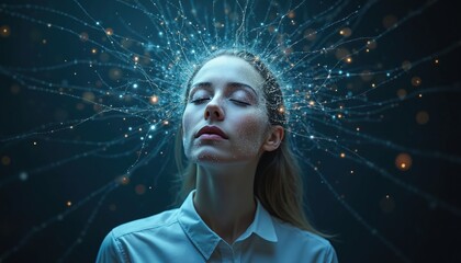 Woman meditates with thought connection. Mind power transmits thought. Mental energy. Telepathic connection. Neural pathways. Conscious awareness. Psychedelic art. Brain activity visual