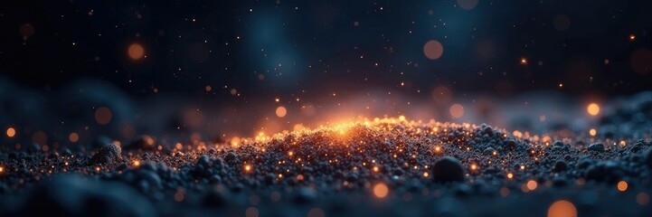 Obraz premium Glittering star dust settles on a black surface in the silence of the universe, shimmering, falling