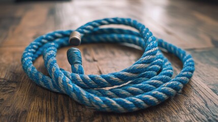 Obraz premium Coiled Blue and White Rope on a Wooden Surface, Nautical Theme