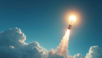 Fototapeta premium Creative light bulb rocket launch into sky. Innovative idea concept. Inspiration for new solutions. Futuristic vision. Bright idea soaring high. Reaching for goals. Bright light bulb. Powering