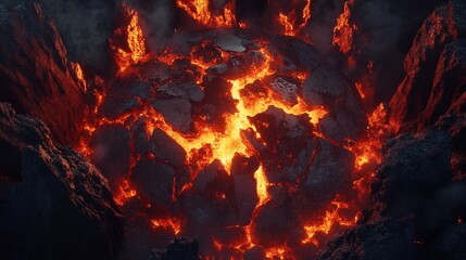 Explosive Volcanic Eruption with Glowing Lava Cracks and Dark Ash Surroundings