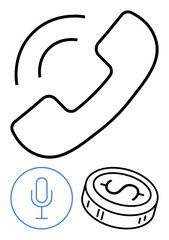Phone receiver with sound waves, microphone, and coin with dollar sign. Ideal for financial services, customer support, telecommunication, technology, audio recording mobile apps business. Line