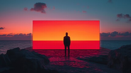 Man Silhouette Against Vibrant Sunset and Digital Screen Display