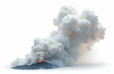 Fototapeta premium Powerful volcanic eruption. Thick white smoke bursts dramatically from active volcano vent. Fiery lava glows inside. Isolated on white background. Volcano photo captures natural disaster. Explosive