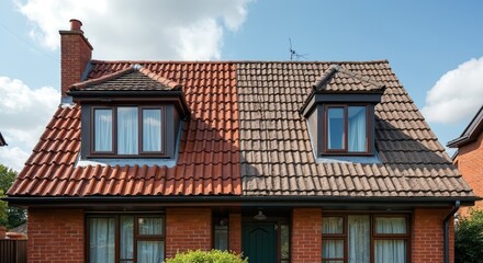 Obraz premium Old red brick house roof half cleaned. One side of roof cleaned, looks bright red. Another side dirty, dark grey. Blue sky with clouds. Roofing maintenance concept. Pro roof cleaning service. Home