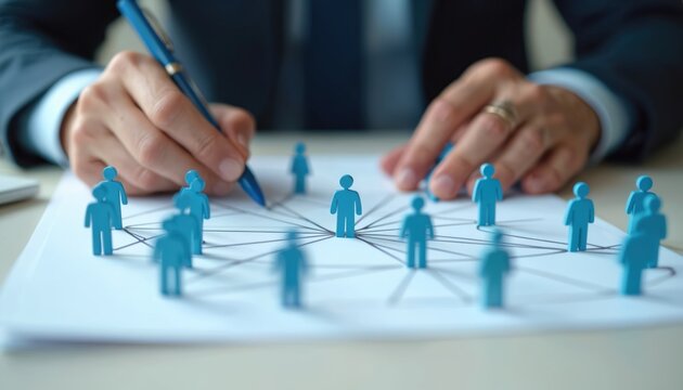 HR manager meticulously analyzes candidate profiles. Strategic planning for team improvement underway. Focus evident as connections drawn. Network development among potential team members central to