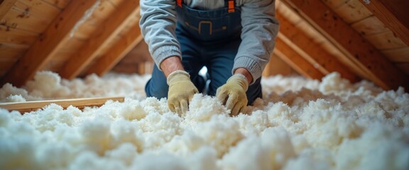 Worker applying cellulose insulation in attic for better home energy efficiency. Home renovation project. Pro installing insulation material. Improving energy performance. Focus on comfort. Worker