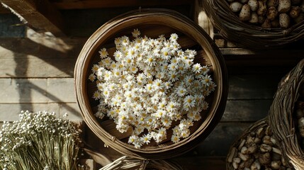 Dried daisies in a wooden bowl, rustic market stall