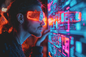 Man with glasses focused on computer screen in a modern office environment analyzing data and information for work or personal projects