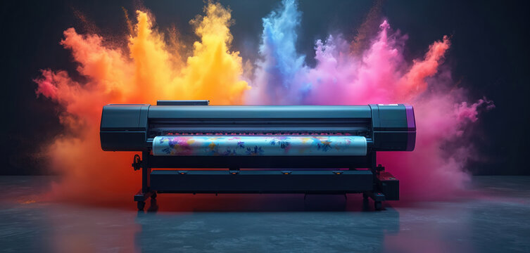 Large format printer produces vibrant colors on wide media. Advanced tech equipment shows high-quality output. Modern graphic design, commercial production illustration. Precision, productivity. AI