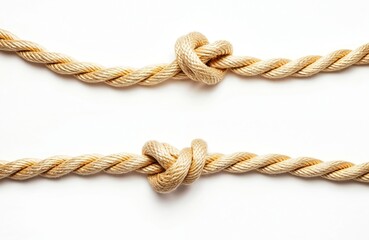 Fototapeta premium Gold rope with knot isolated on white background. Macro shot of decorative rope. Detailed view of rope texture. Elegant, stylish design element. Golden rope part of set collection. Close-up view rope
