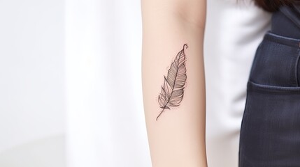 Close-up of a woman's forearm with a delicate feather tattoo.  The tattoo is a simple, minimalist design in shades of gray.