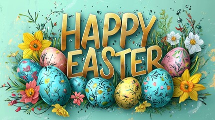 Vibrant Spring Celebration with Colorful Easter Eggs and Flowers