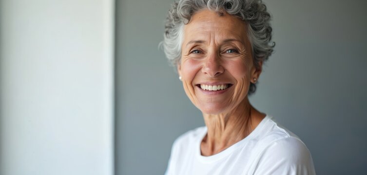 Mature woman smiles happily. Portrait shows senior lady with short curly gray hair. Pleasant expression, nice teeth. Studio shot captures natural beauty, lifestyle. Casual attire suggests comfort,