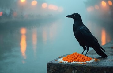 Black raven stands on offering of marigold flowers, rice near misty river. Spiritual ritual during Pitru Paksha festival. Ancestral respect, devotion. Indian cultural tradition. Religious observance