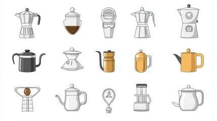 A collection of various coffee and tea brewing tools, showcasing different styles and designs in a minimalist illustration format.