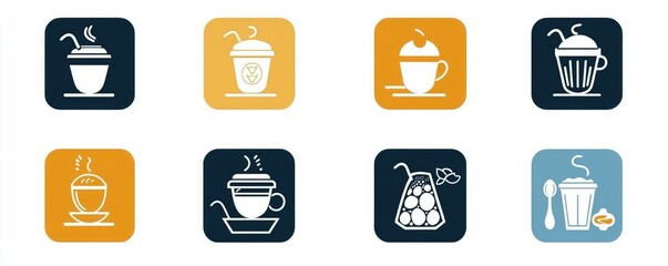A collection of beverage icons featuring various drinks like smoothies, tea, and coffee, displayed in a stylish grid format with vibrant colors.