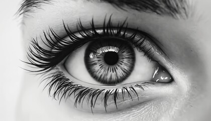 Fototapeta premium Close-up view of woman eye. Detailed illustration of iris pupil, eyelashes. Black, white watercolor, pencil drawing style. Macro eye view. Beauty, vision concept. Detailed human eye. Eyelash, skin