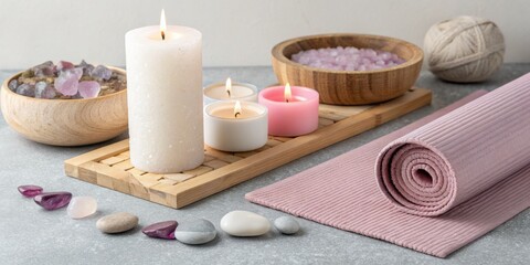 Serene meditation setup with candles and yoga mat in calming wellness space