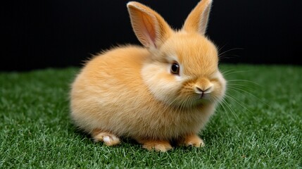 Cute orange bunny on green grass, dark background; Easter card