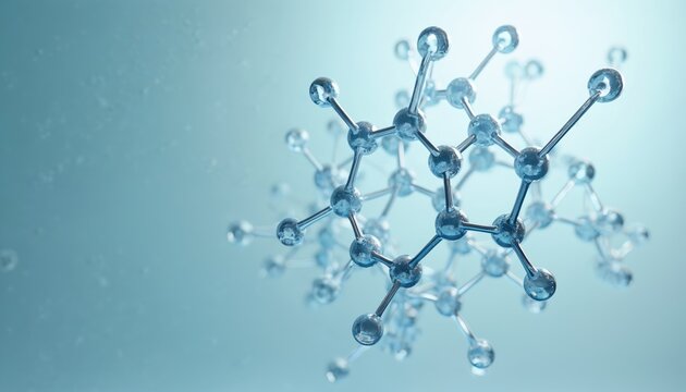 3D render shows intricate molecular structure. Clear spheres represent atoms connected by metallic bonds. Detailed, scientifically accurate model. Perfect for educational resources scientific