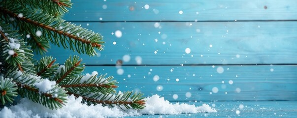 Snowflakes gently falling onto a layer of frosty pine needles and conifers on a serene blue wood background, needles, pine