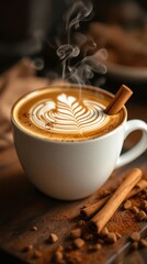 Steaming latte art with cinnamon stick and chocolate pieces on rustic wooden table