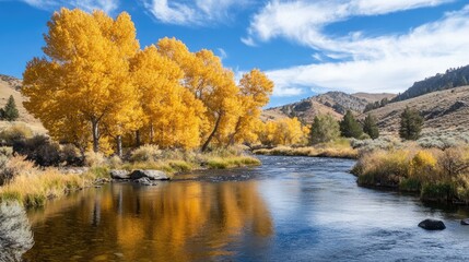 Autumn Splendor: Golden Trees Reflected in a Calm Mountain River