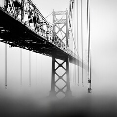 Suspension bridge emerging through dense fog in monochrome perspective