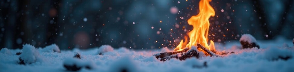 Snowflakes gently fall outside as a fire crackles inside, frosty, snowy, quiet