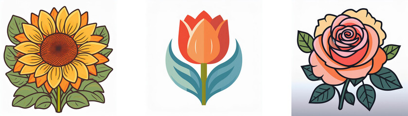 Fototapeta premium Triple floral image showcases a sunflower, tulip, and rose in a stylized double exposure effect. The vibrant colors and simple lines create a visually appealing design.