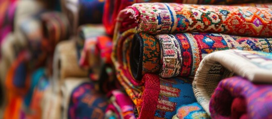 Ethnic Handmade Textiles: Colorful Rugs Pile Close-up.