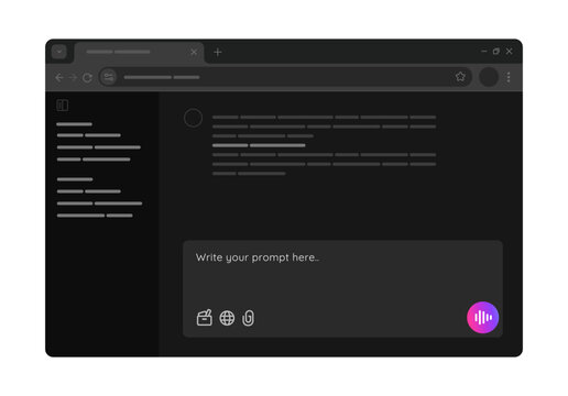 user interface of AI chat bot large language model service LLM artificial intelligence in dark mode web browser page form to ask question