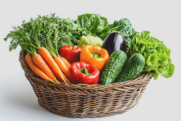 Basket filled with a variety of fresh vegetables including carrots tomatoes bell peppers and leafy greens on a wooden table