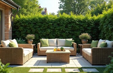 Country house patio with garden lounge furniture. Sofa and table made of wicker with cream upholstery. Green cushions. Plants and a hedge create a relaxing ambiance. Outdoor setting.
